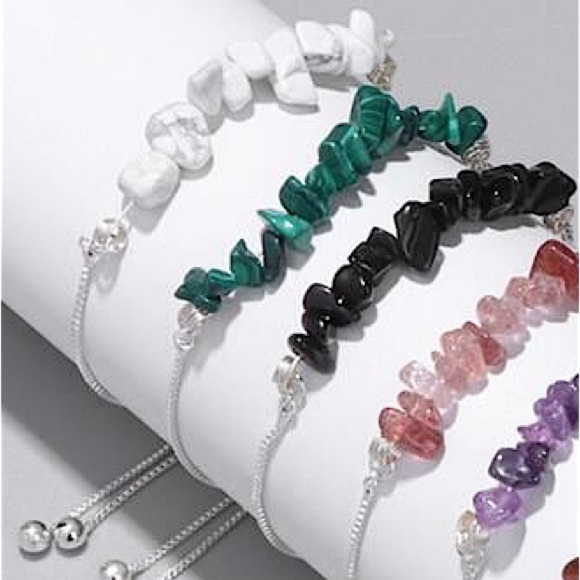 Green Irregular Natural Stone Malachite Silver Adjustable Slider Bracelet - Picture 6 of 7